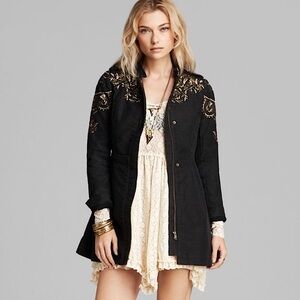Free People Sargeant Floral Embroidered Embellished Military‎ Coat Black 2